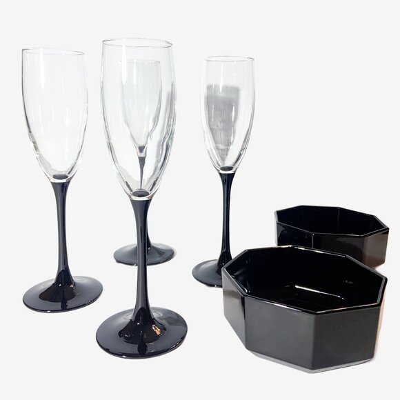 Vintage Set of 4 LUMINARC TALL BLACK STEM CHAMPAGNE FLUTES - Picture 3 of 5